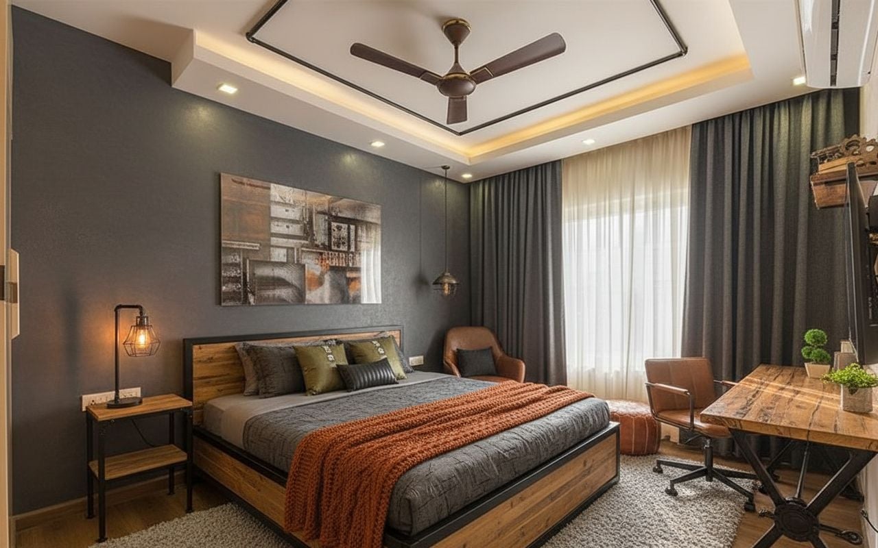 Virtually staged bedroom in Industrial style