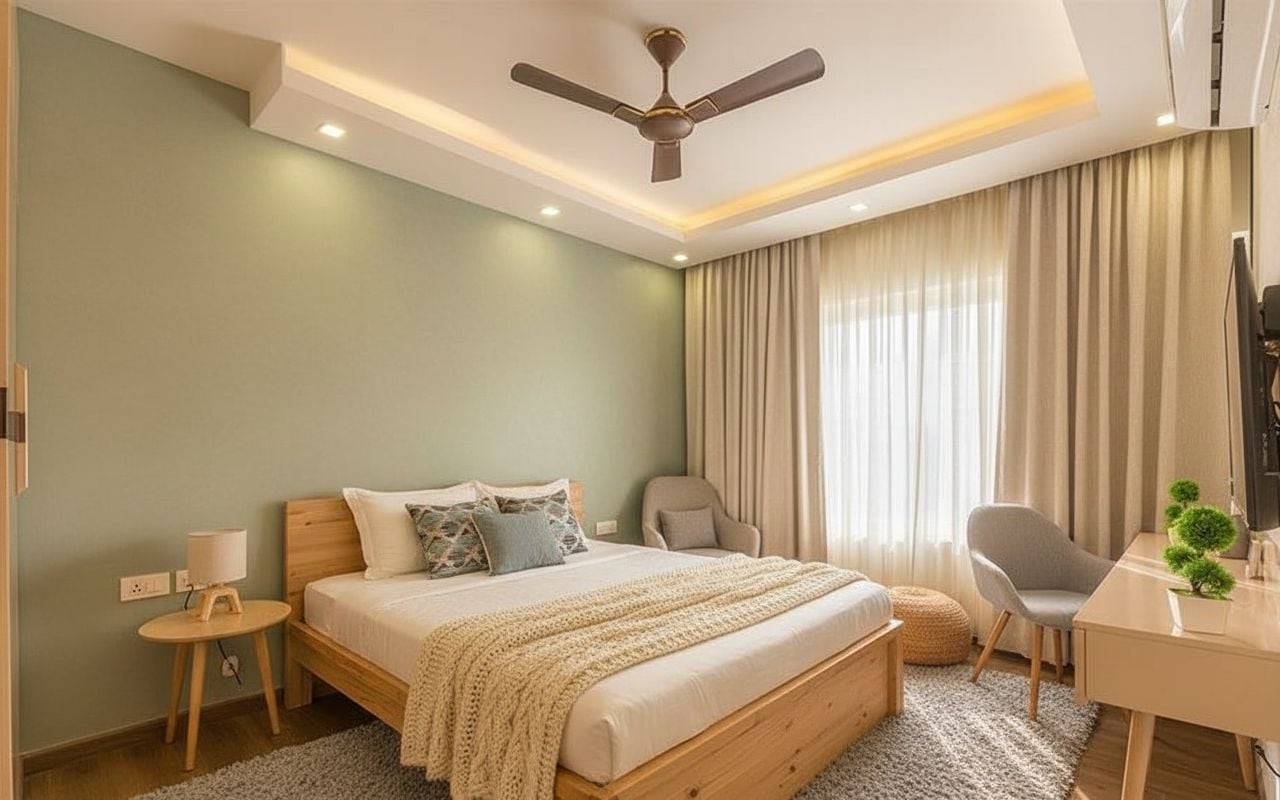 Virtually staged bedroom in Scandinavian style